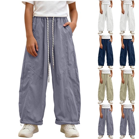 Loopsun Kids Girls Pants 5 to 16 Years Striped Drawstring High Waist Cargo Trousers