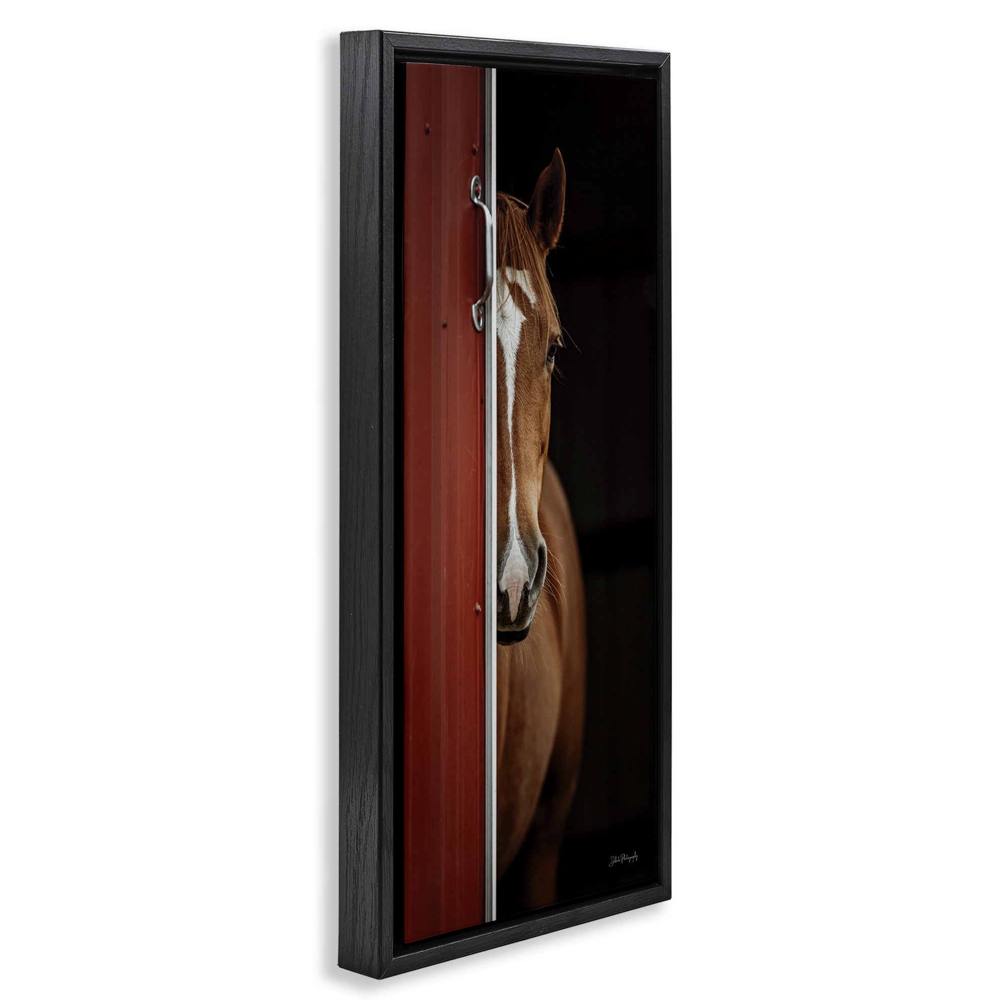 Stupell Industries Brown Stallion Peeking Animals & Insects Photography Black Floater Framed Canvas Art Print Wall Art, 11 x 25