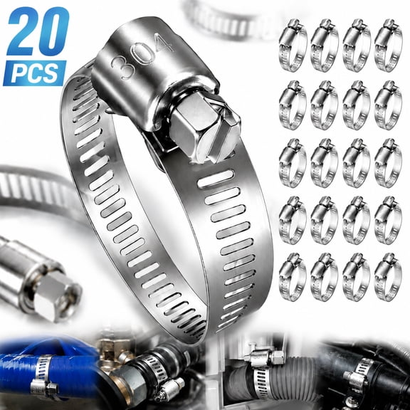 Rongsi 20Pcs Adjustable Stainless Steel Hose Clamps Assortment Kit, 1/4-2 in (6-51mm) Worm Gear Pipe, Fuel LineHeavy Duty for Plumbing, Washing Machine, Mechanical, Automotive Hose Connecti