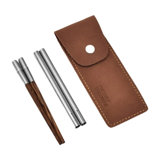 Palillos de madera portátiles, ligeros y versátiles con funda de almacenamiento para actividades al aire libre marrón y plata