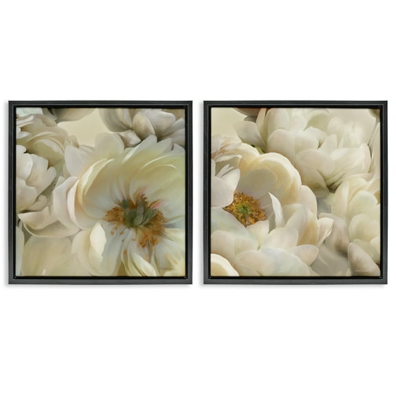 Stupell Industries White Peonies Serenity Floral & Botanical Painting Black Floater Framed Canvas Art Print Wall Art, 18 x 18, Set of 2