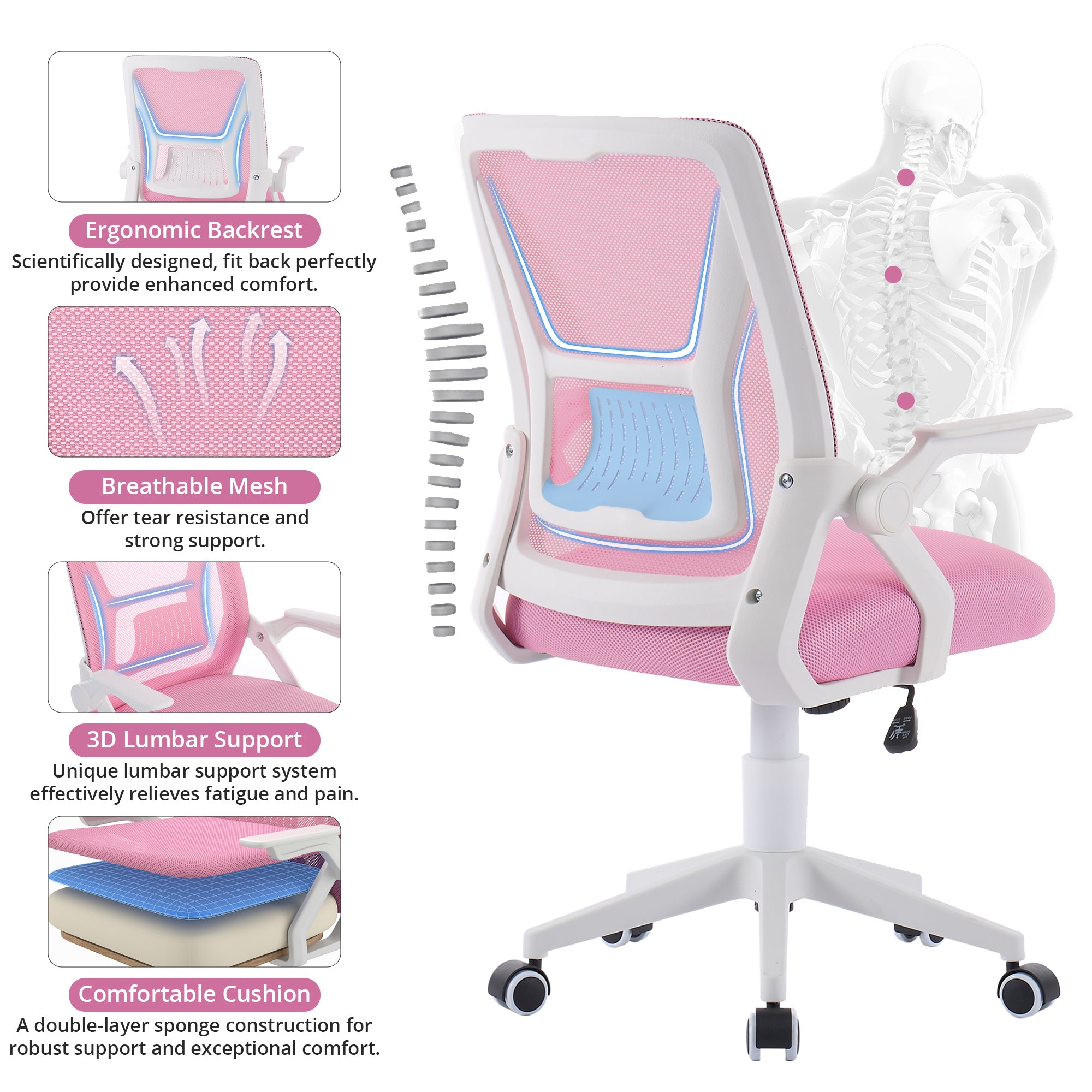 VECELO Mid-Back Swivel Adjustable Ergonomic Office Chair, Mesh Lumbar Support and Adjustable Arms Task Chair for Computer, Pink