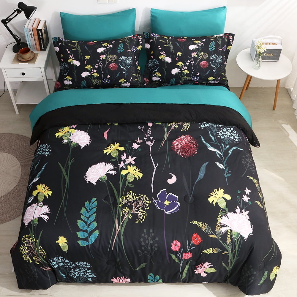 Wajade Colorful Floral Comforter Set 7 Piece Bed in a Bag Black Comforter Sets (1 Comforter, 2 Pillow Shams, 1 Flat Sheet, 1 Fitted Sheet, 2 Pillowcases, King Size)