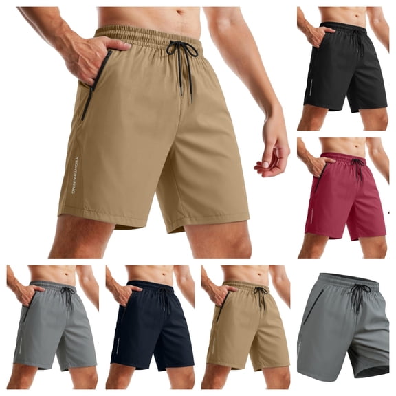 Domuza Mens Athletic Gym Shorts Utra-Light Quick Dry Running Workout Basketball Shorts with Zipper Pockets Sports Tennis Khaki XL