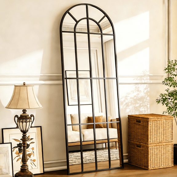 GRAHMCY 69"x25" Arched Full Length Floor Mirror with Windowpane Wall-Mounted Floor Mirror, Black