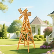 UBesGoo 5.95' Cross Lattice Wooden Windmill Garden Decor for Yard, Wooden Windmill for Patios, Teak Brown