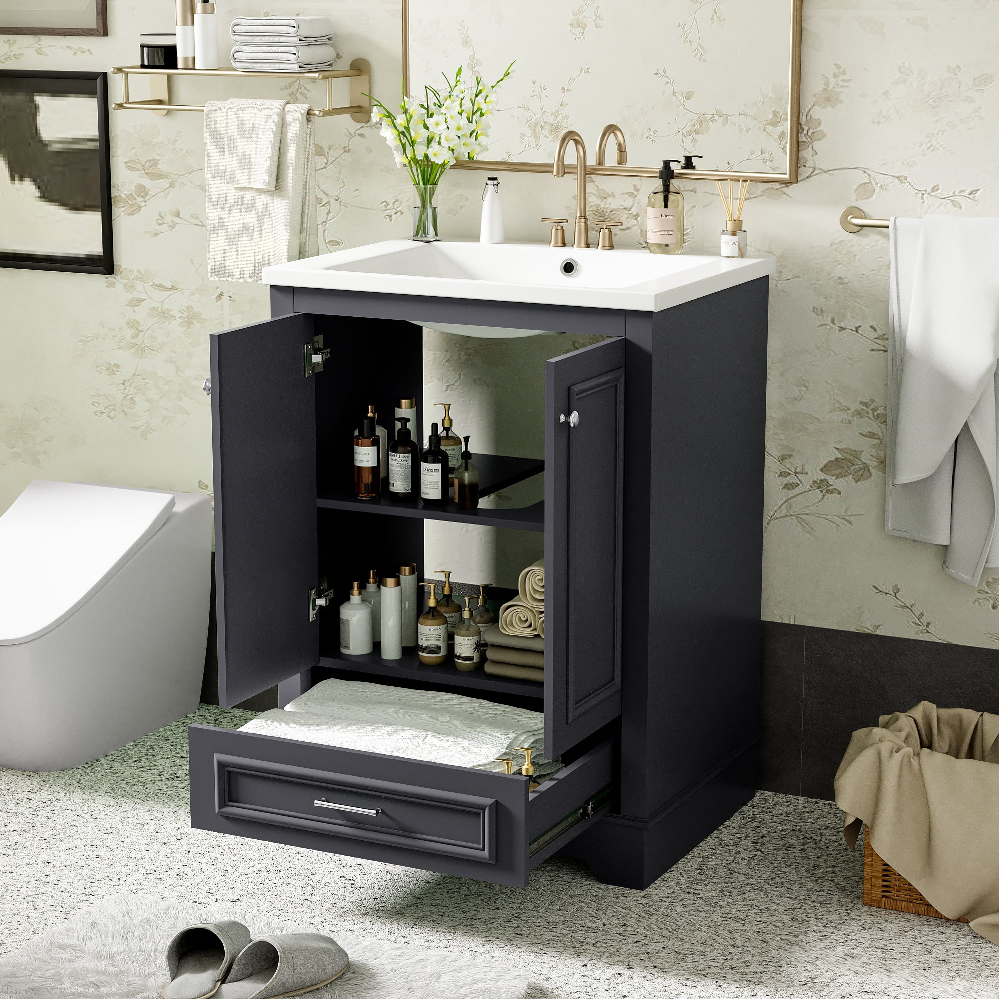 Euroco 24" Bathroom Vanity with Sink, Modern Bathroom Cabinet with Ceramic Basin & Adjustable Storage, Solid Wood Frame Vanity