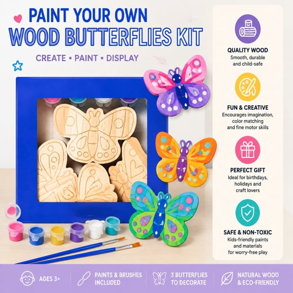3 Pack PaintYourOwn Wood Butterfly Set, Kids DIY Craft Kit with Acrylic Paints & Brushes, NonToxic Art Supplies for Childrens Painting Projects