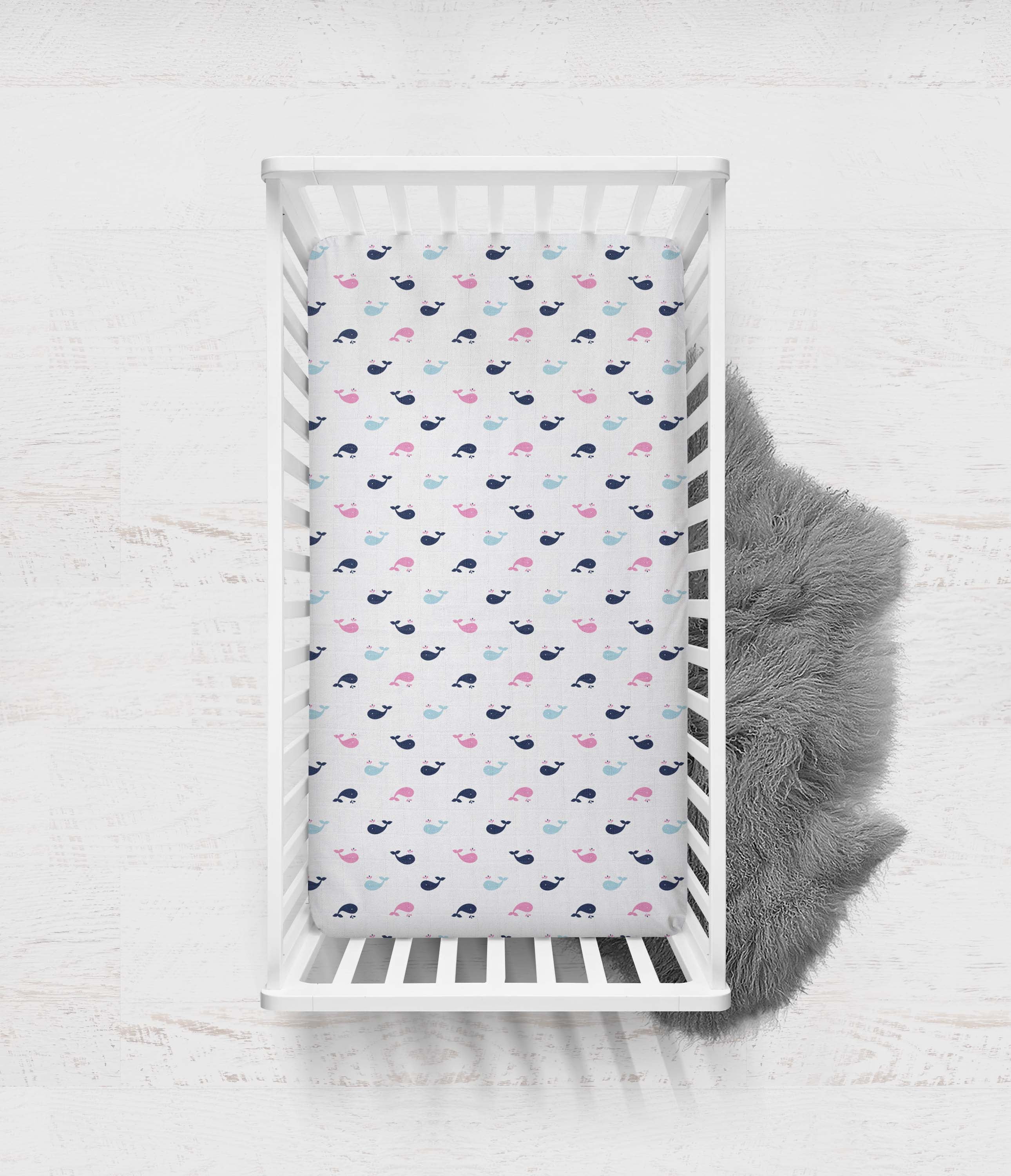 Bacati - Little Sailor Whales Girls Crib/Toddler Bed Fitted Sheets 100% Cotton Muslin 2 Pack, Pink/Navy