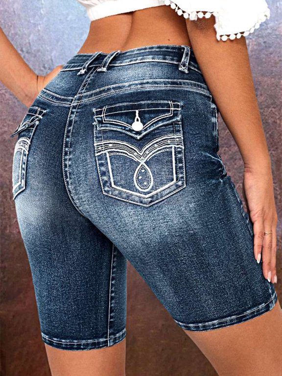 Women's Denim Bermuda Shorts, Mid-Rise, Decorative Back Pockets, Medium Wash (US, Alpha, XX-Large, Regular, Regular, Blue)
