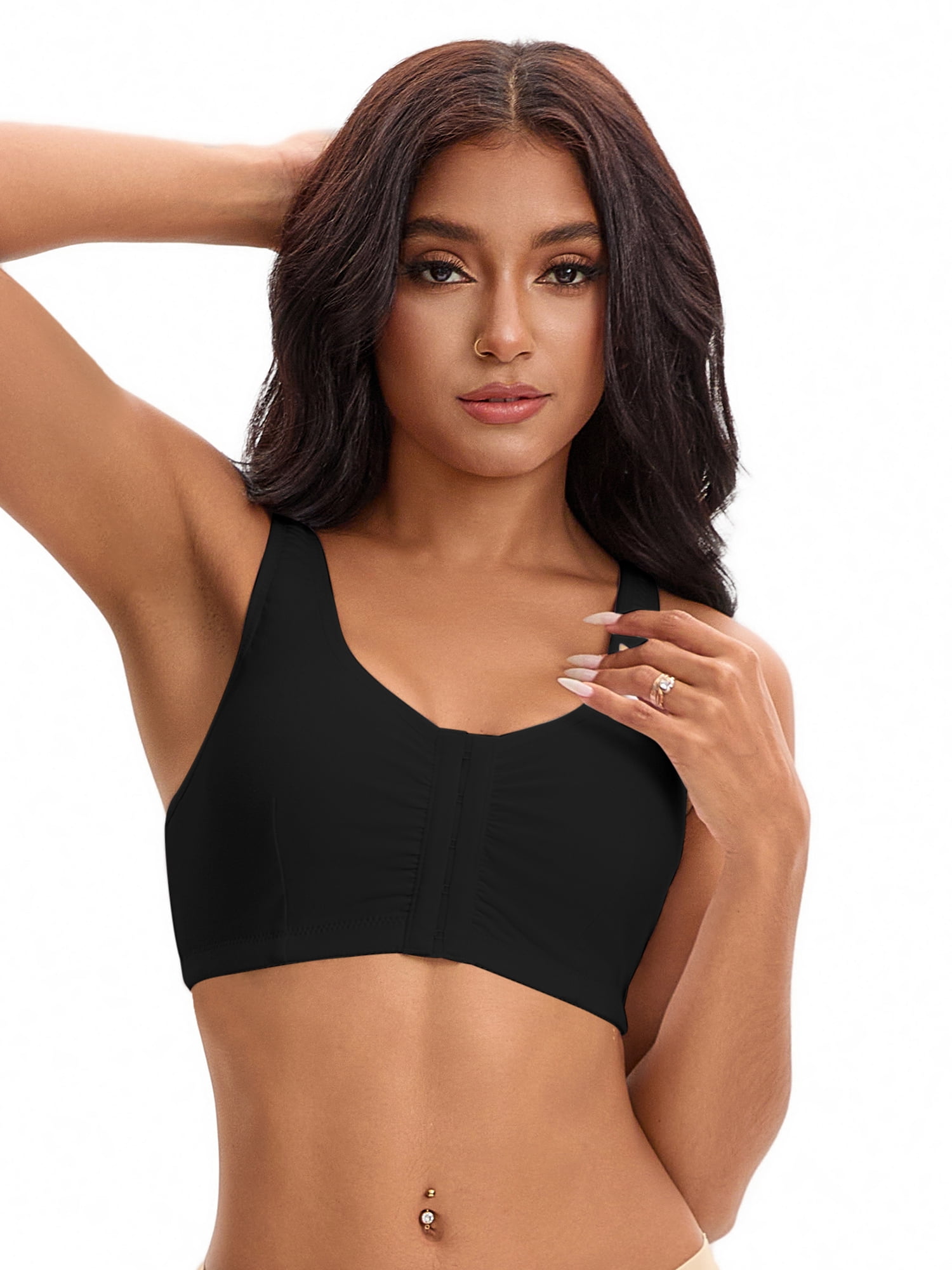 Unique Bargains Women's Front Closure Adjustable Strap Wirefree Workout Bras L Black