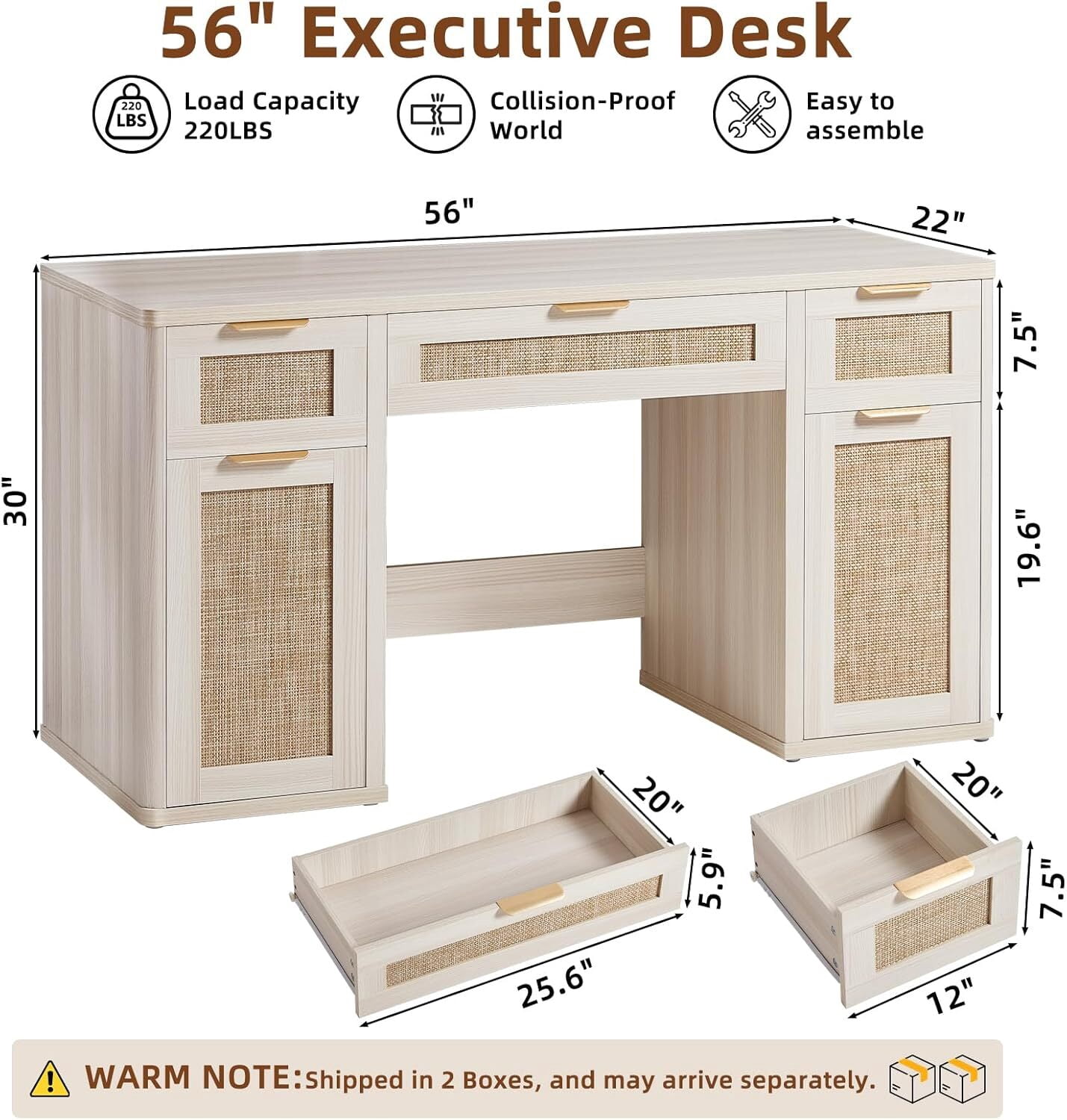 56" Home Office Desk with 3 Drawers & 2 Cabinet, Modern Computer Desk with Small Space, Corner Computer Desk, Grey White