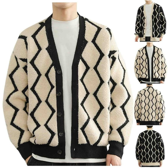 WAENQINLA Y2K Long Sleeve Cardigan Sweaters for Men Button Up V Neck Oversized Outerwear Jackets Winter Casual Long Sleeve Knitted Coats