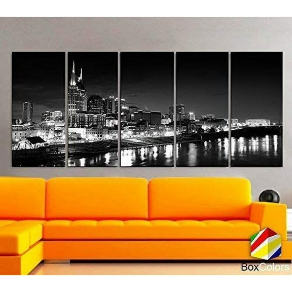 Original by BoxColors XLARGE 30"x 70" 5 Panels 30"x14" Ea Art Canvas Print Nashville City Skyline Downtown night Black & White greyscale Wall Home office decor interior (framed 1.5" depth)