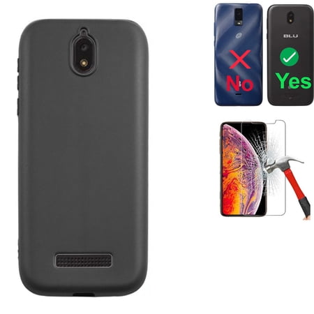 For Blu View 2 Case with Screen Protector (B130DL)/ View2 Flex Gel Case (Gel Black +Tempered Glass)