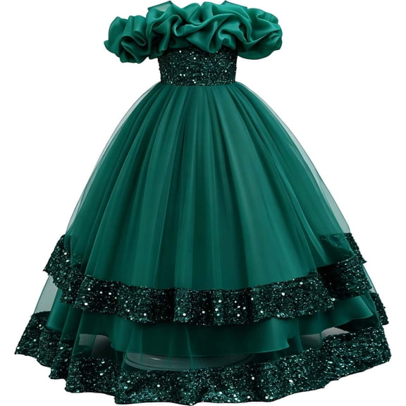 ZHOGXU Kids Elegant Girls Sparkly Lace Layered Off Layer Princess Dress Glitter Formal Gown Birthday Party Outfit