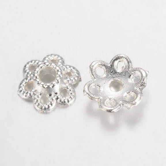 100pc Alloy Fancy Bead Caps Hollow 6-Petal Flower Silver Color Plated 6.5x2mm Hole: 1mm