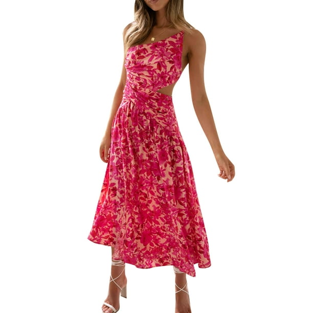 Lucakuins, vestido midi de verano para mujer, color sólido/estampado floral, correa de espagueti, lazo cruzado, sin espalda, vestido sin mangas, vestido de fiesta con abertura a la moda Lucakuins moda