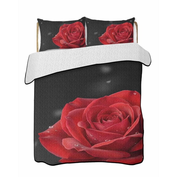 Quilts Twin Size Bedding Set, Red Rose Lightweight Quilted Comforter, Abstract Spring Flowers Vintage Black Soft Reversible Bedspread Coverlet with Pillow Covers for All Season, 68" x 86"