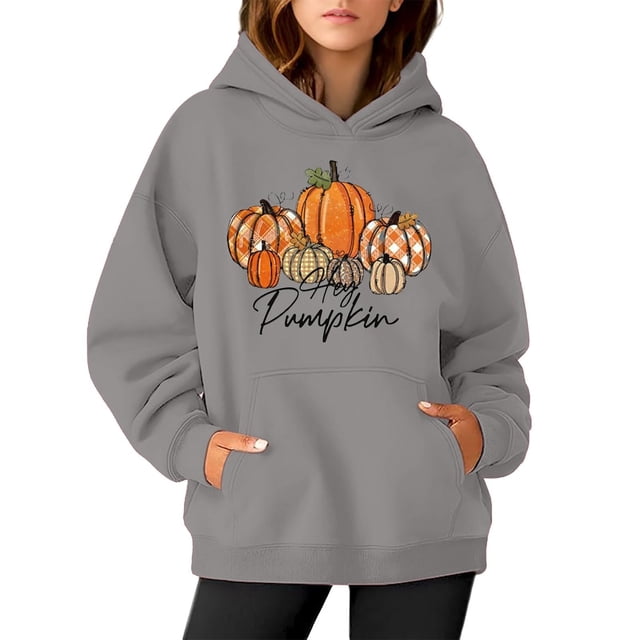 WEAIXIMIUNG Sweat à Capuche pour Femmes, Graphique, Imprimé Citrouille, Manches Longues, Décontracté, avec Poche