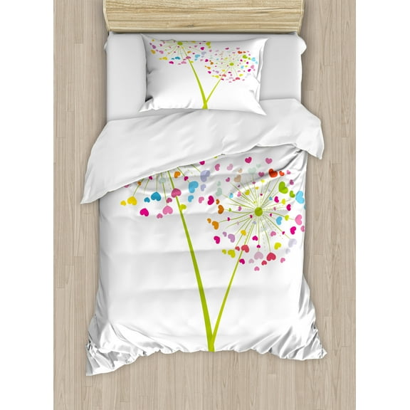 Floral Duvet Cover Set Twin Size, Spring Dandelion Flower with Heart Shaped Colorful Petals Romance Valentines Design, Decorative 2 Piece Bedding Set with 1 Pillow Sham, Multicolor, by Ambesonne