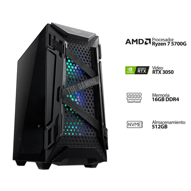 PC Gamer Powerbit: Procesador AMD Ryzen 7 5700G (hasta 4.6 GHz), Memoria de 16GB DDR4, SSD de 512GB, Video NVIDIA GeForce RTX 3050, Wi-Fi, S.O. Windows 11 Home