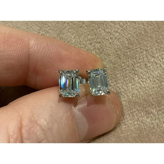 Emerald Cut Stud Earrings in 14K White Gold Plated with Butterfly Backs