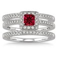 thumbnail image 2 of 3 Carat Red Ruby Princess Cut Diamond Moissanite Trio Set Halo Ring on 10k White Gold, 2 of 2
