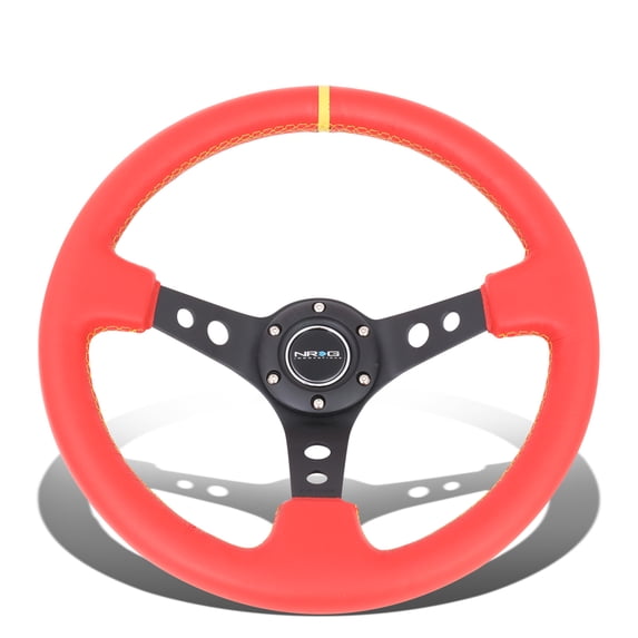 NRG Innovations NRG-ST-006RR-YS-Y NRG Innovations ST-006RR-YS-Y 350mm 3"Deep Dish Spoke Red Leather Grip Steering Wheel w/Dual Yellow Center Mark