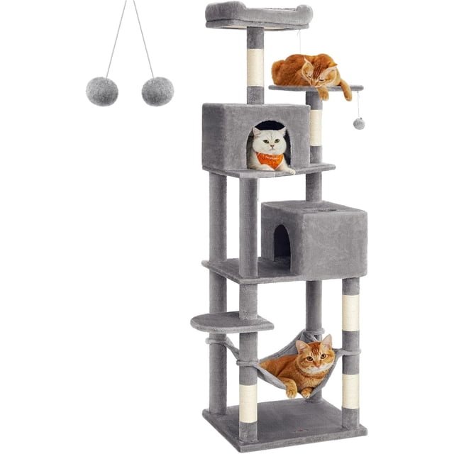 Feandrea Árbol para Gatos de 191 cm de Altura, 60 x 49 x 191 cm, Rascador para Gatos con 5 Postes, Felpa Multicapa, Gris Claro