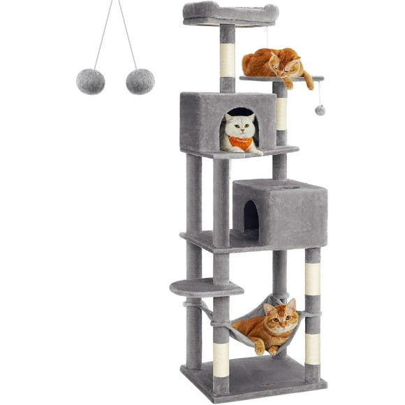 Feandrea Árbol para Gatos de 191 cm de Altura, 60 x 49 x 191 cm, Rascador para Gatos con 5 Postes, Felpa Multicapa, Gris Claro