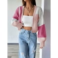 thumbnail image 4 of Women'S Color Block Open Front Long Sleeve Ribbed Knit Cropped Cardigan Sweaters Pink XXXL, 4 of 8