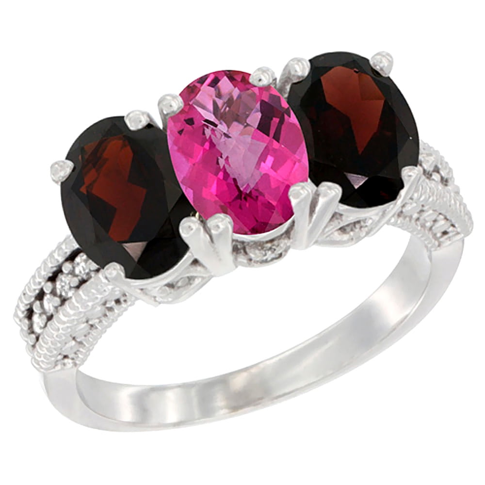 10K White Gold Natural Pink Topaz & Garnet Sides Ring 3-Stone Oval 7x5 mm Diamond Accent, sizes 5 10 by WorldJewels