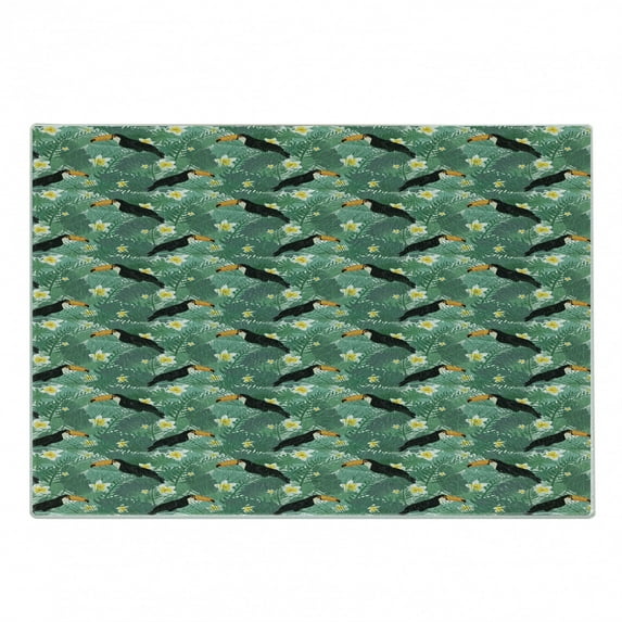 Hawaiian Cutting Board, Summer Time Tropical Composition of Palm Leaves Toucans and Endemic Jungle Flowers, Decorative Tempered Glass Cutting and Serving Board, in 3 Sizes, by Ambesonne