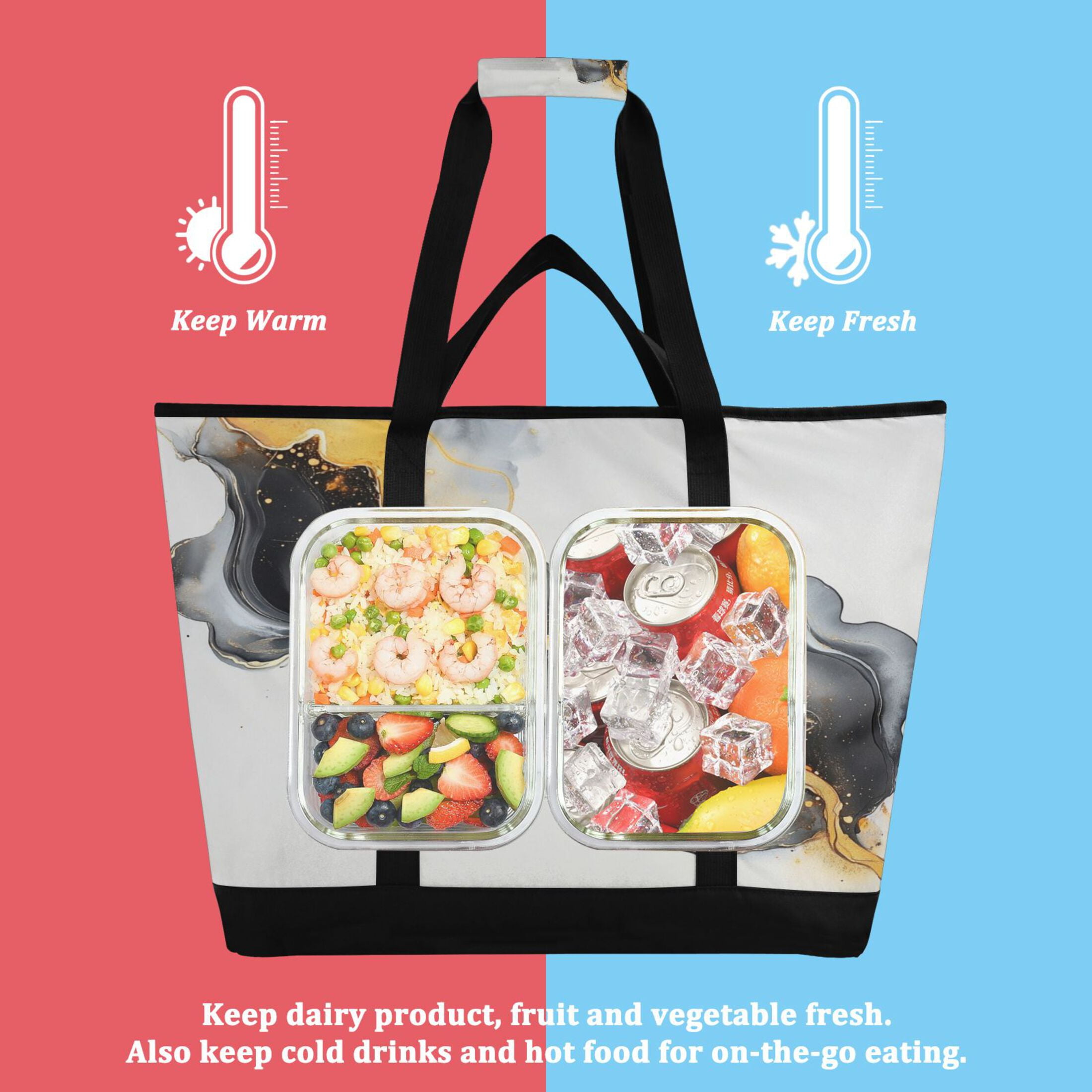 Large Hand-held Ice Pack Picnic Bag Insulation and Refrigeration Suitable for Shopping Picnics and Camping Beautiful Marble Pattern