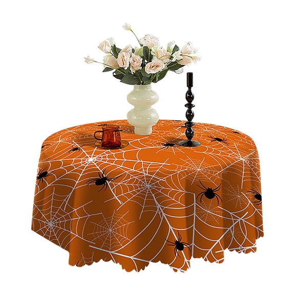 Isvgxsz Halloween Tablecloth Round Pumpkin Ghost Spider Web Bat Castle Witch Orange Table Cloths Circular Table Cover Washable Wipeable Polyester Tabletop for Dining Kitchen Party Holiday Decor