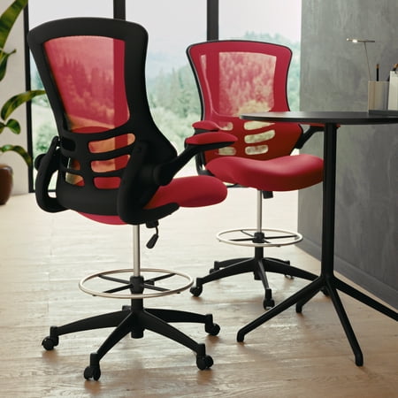 Flash Furniture - Mid-Back Mesh Ergonomic Drafting Chair with Adjustable Foot Ring and Flip-Up Arms - Red Mesh