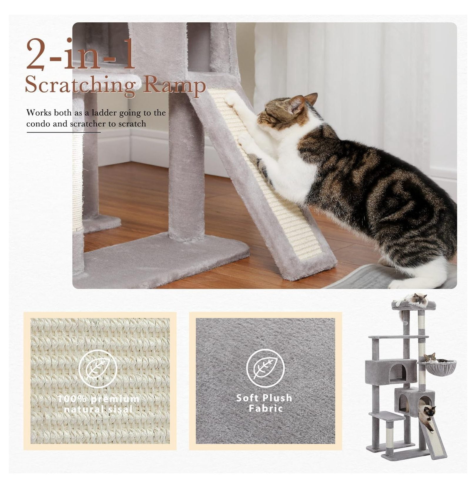 60'' Cat Tree Tower, Large Cat Condo Indoor, Wide Perch, Hammock, Sisal Scratching Posts for Adult Cats, Gray