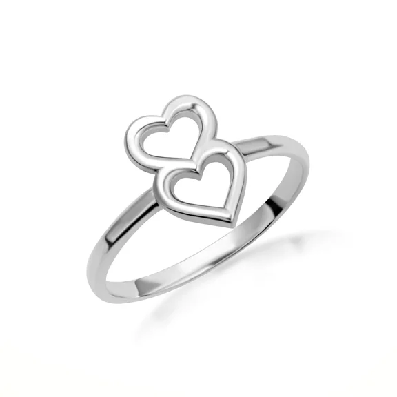 925 Sterling Silver Double Heart Love Ring (Size 4)