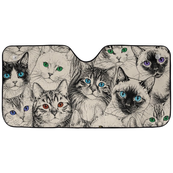 Emacom Ltd _Cat Lovers Windshield Sun Shade, Sketch Cat Faces Car Sunshade, Colorful Eyes Kitty Front Window Visor Protector