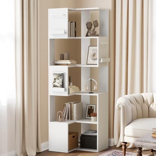 5 Tier Corner Bookshelf, 63" Tall L Shaped Bookcase, Corner Cabinet, Wood Grain Shelf Display Rack for Kitchen, Bedroom, Living Room (White)$$Home Decor, Kitchen, & Other