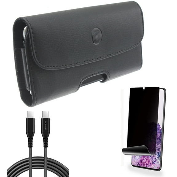 Case Belt Clip w Privacy Screen Protector w 6ft Long USB-C Cable for Samsung Galaxy S20 Plus - Leather Holster Cover, TPU Film [NOT GLASS] [Fingerprint Works], PD Fast Charger fits Galaxy S20 Plus