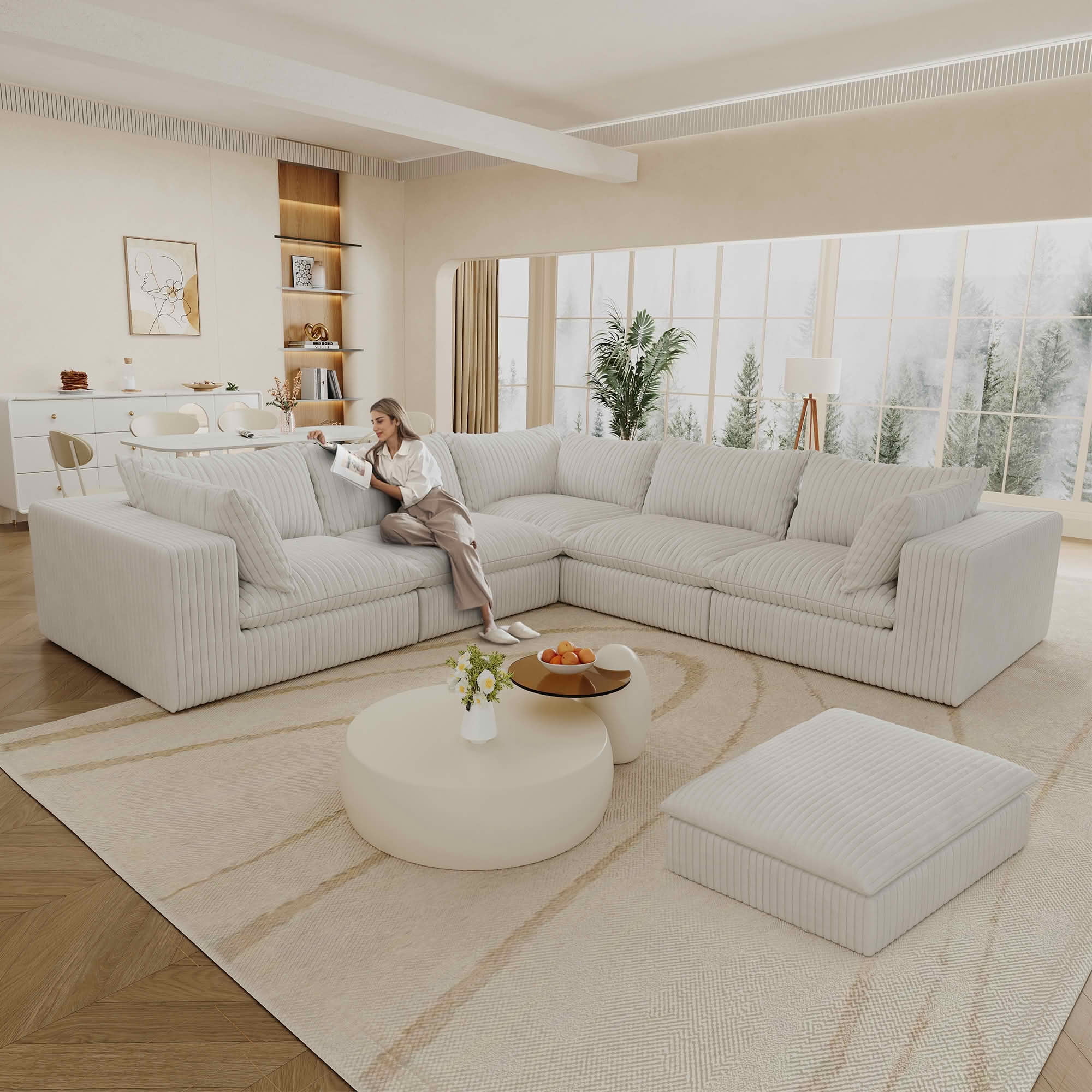 MAYEERTY 118.2" Cloud Corduroy Sofa, Deep Seat Double-Layer Design, Removable Cushion No Assembly, DIY Combination, White
