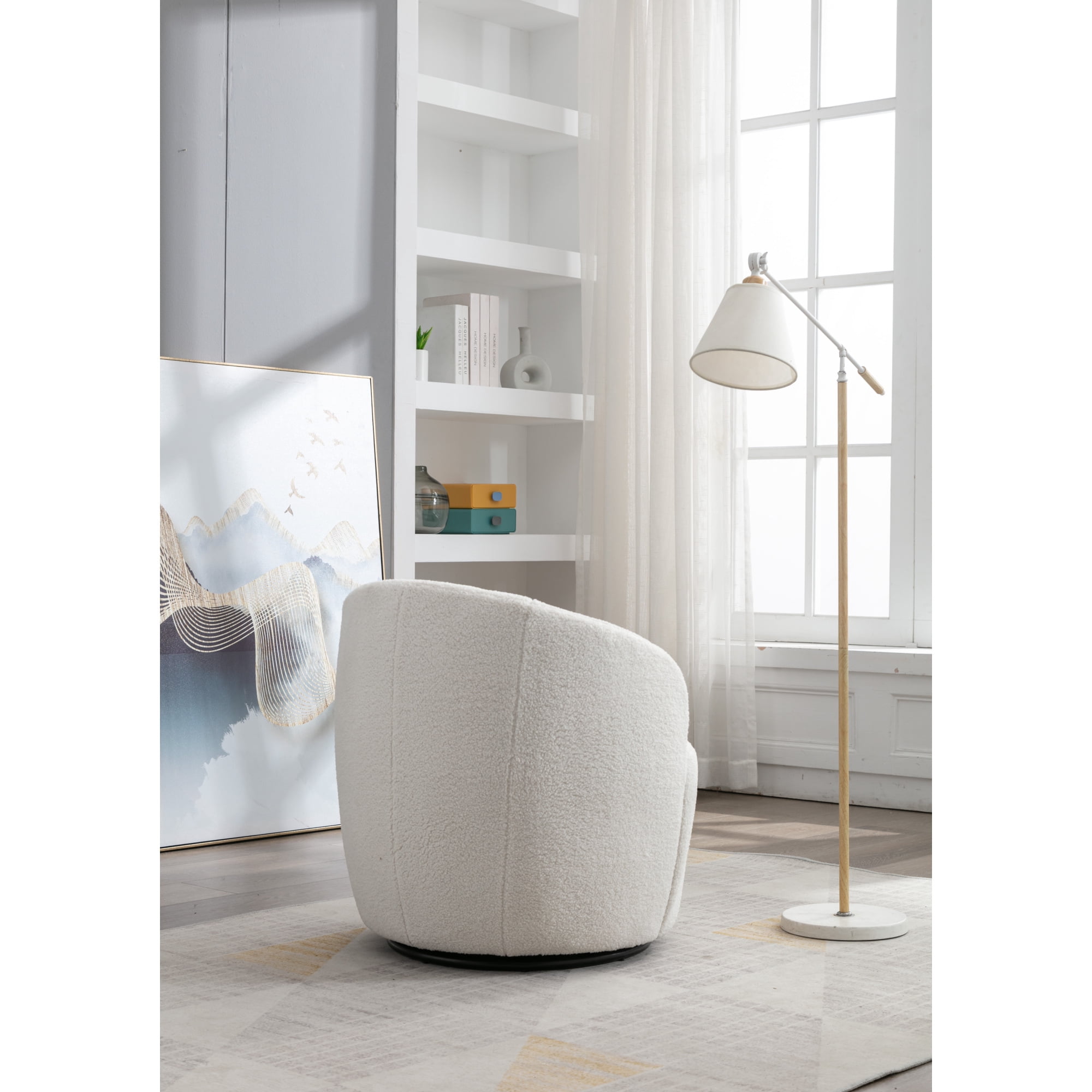 Leumius Teddy Fabric Swivel Accent Armchair Barrel Chair With Black Powder Coating Metal Ring for Bedroom Sunroom Reading Nook Ivory White
