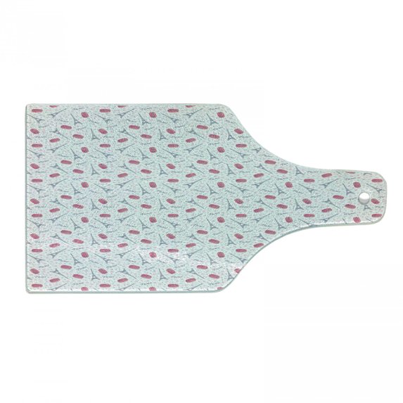 Eiffel Cutting Board, Famous Traditional French Food Tasty Macaroons Delicious Retro Deserts Dots, Tempered Glass Cutting and Serving Board, Wine Bottle Shape, Pink Grey White, by Ambesonne