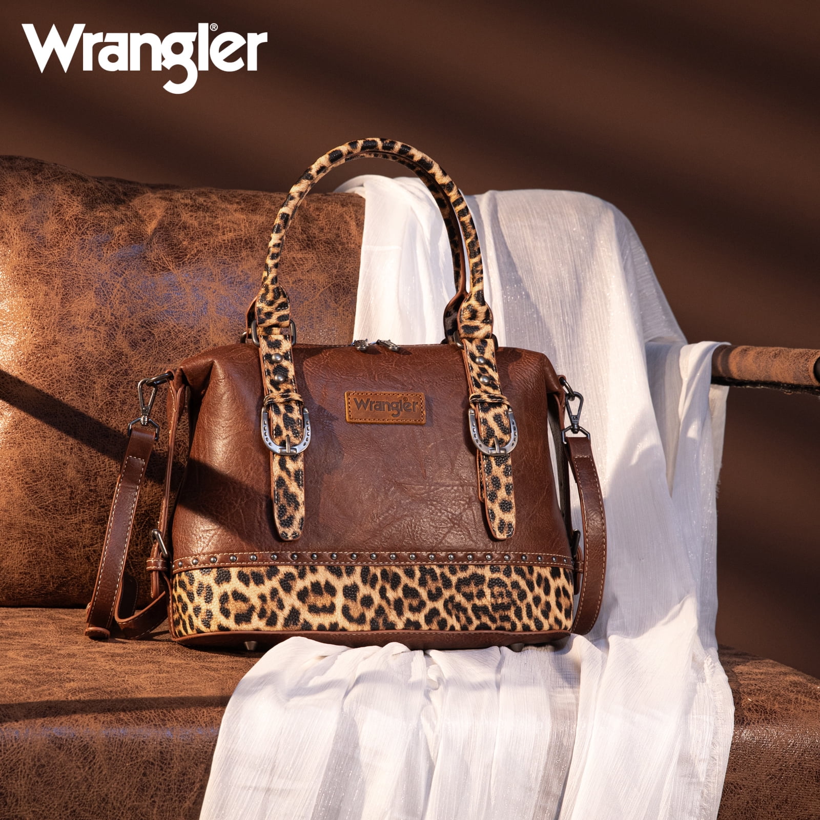Wrangler 3Pcs Doctor Bag Sets for Women Top-Handle Satchel Bag with Cell Phone Handbags & Coin Purse, Leopard-Brown