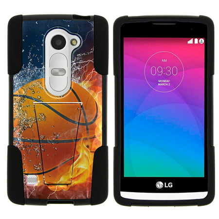 LG Leon C40, LG Tribute 2 LS665, LG Risio, LG Destiny L21G, LG Power L22C, LG Sunset L33L STRIKE IMPACT Dual Layer Shock Absorbing Case with Built-In Kickstand - Basketball on