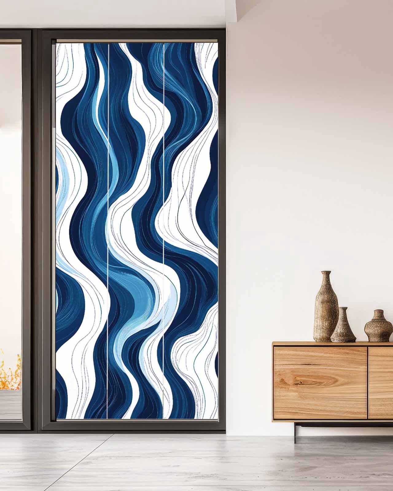 Window Privacy Film Blue Stripe Stained Glass Window Film Decorative Sun Block Window Cover Geometric White Coastal Wave Modern Ocean Window Clings Static Adhesive Sticker for Bathroom 35.4"x78.7"