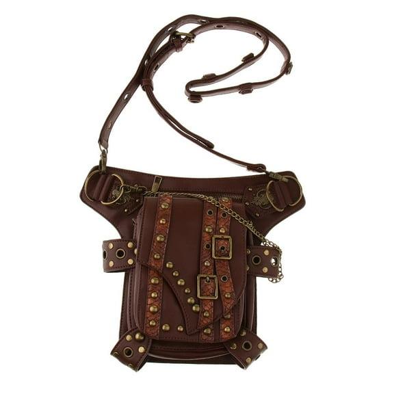 Punk PU Leather Waist Bags Gothic Rivet Brown Fanny Packs Steampunk Handbags for