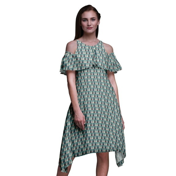 Bimba Geometric Print Cold Shoulder Women Swing Tunic Flutter Sleeve Midi Dress-Small